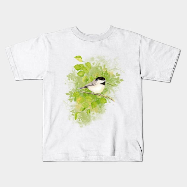 Watercolor Chickadee Bird Nature Art Kids T-Shirt by Country Mouse Studio